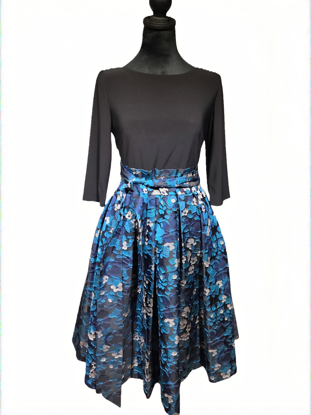 Adrianna Papell Dress Black with Blue Floral Fit-and-Flare Skirt - Picture 2 of 10